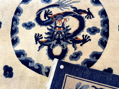 Chinese Dragon Peking Rug 8 x 11.6, Ivory and Blue, Chinese Wool Rug, Vintage - Nuvé