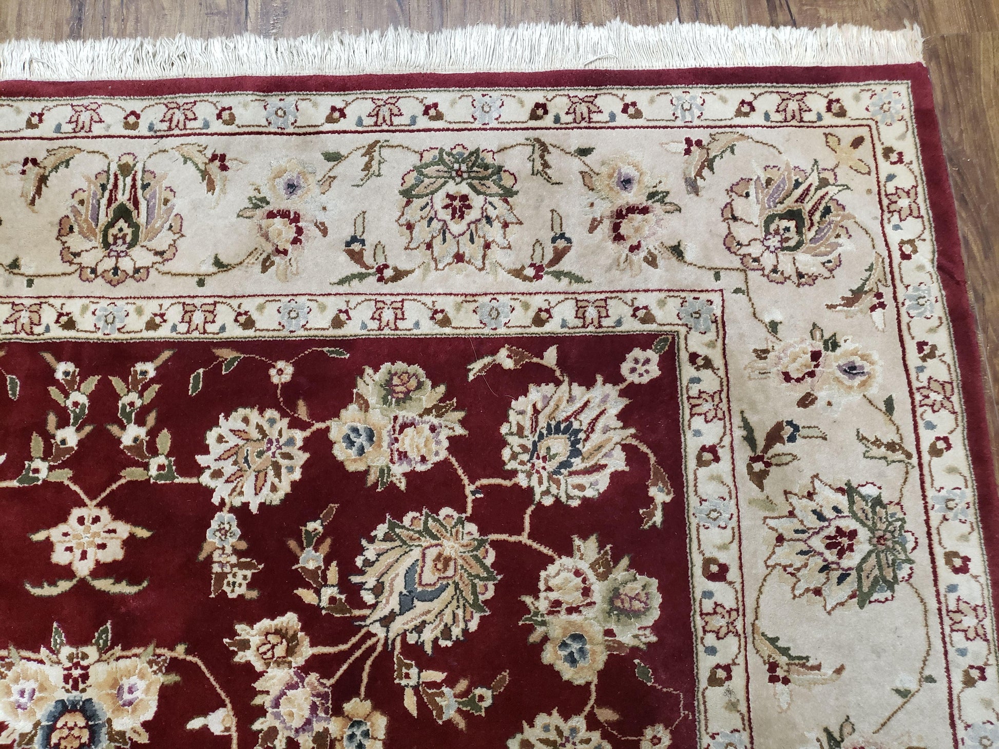 Vintage Traditional Oriental Area Rug, Hand-Knotted, Wool & Silk Accents, Maroon Red and Beige, 6x9 Carpet, 5' 9" x 9' - Nuvé