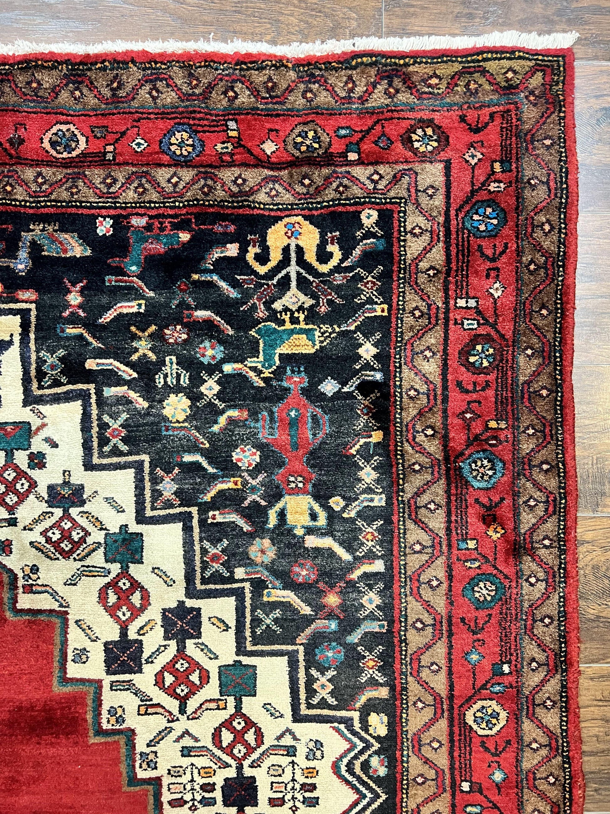 Persian Rug 5x12 ft, Red Cream Navy Blue, Pictorials, Hand Knotted Handmade Wide Runner Tribal Bidjar Semi Antique Wool Geometric Oriental Rug - Nuvé
