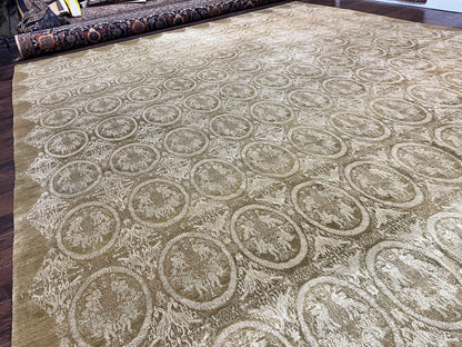 Tibetan Rug 12x15, Wool Hand Knotted Carpet, Odegard Rug, Birds, Olive Green, 12 x 15 Oversized Handmade Contemporary Area Rug, Extra Large - Nuvé