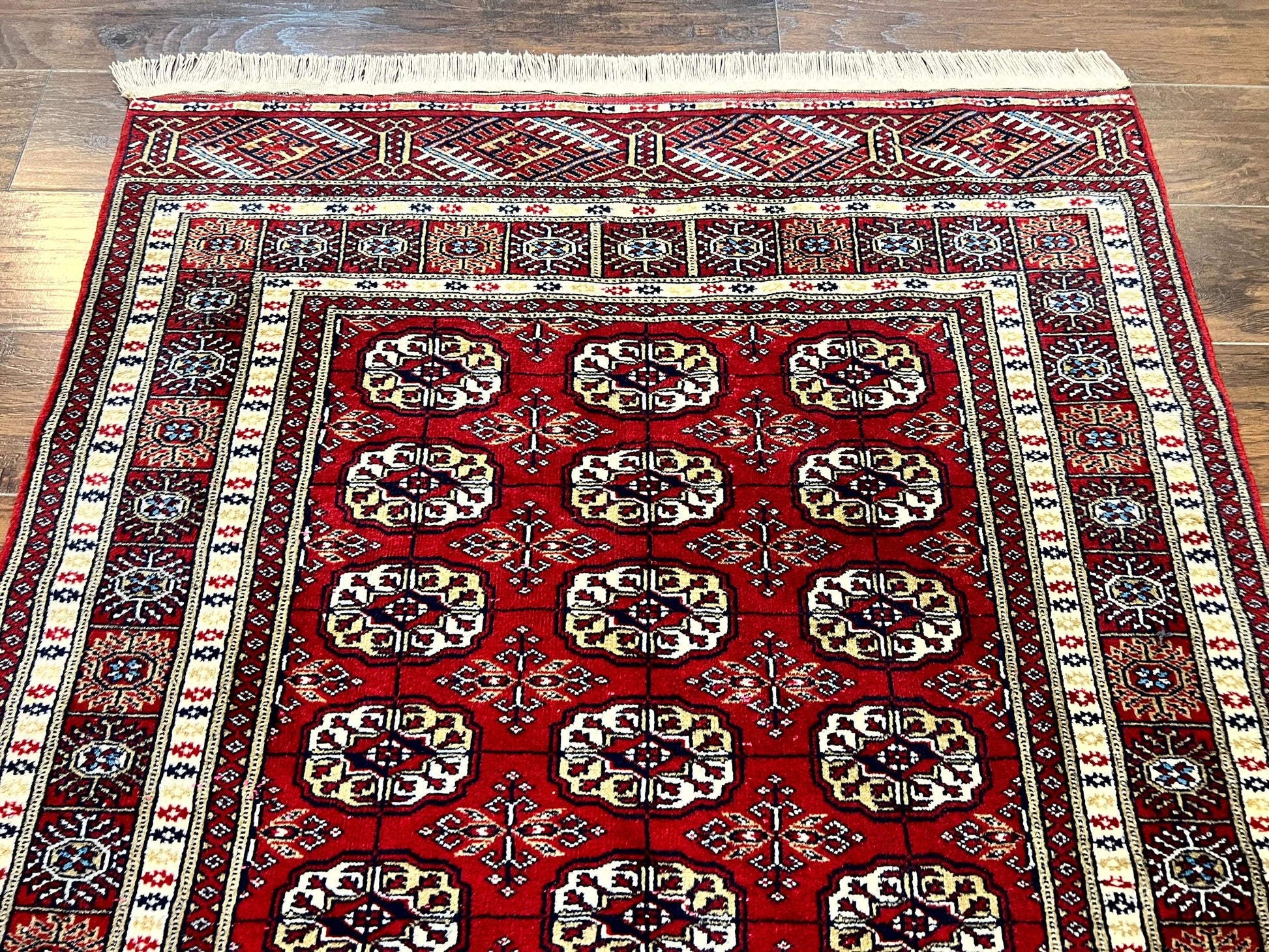 Pakistani Bokhara Rug 4x6, Red Turkoman Carpet, Finely Hand Knotted, Wool Vintage Rug - Nuvé