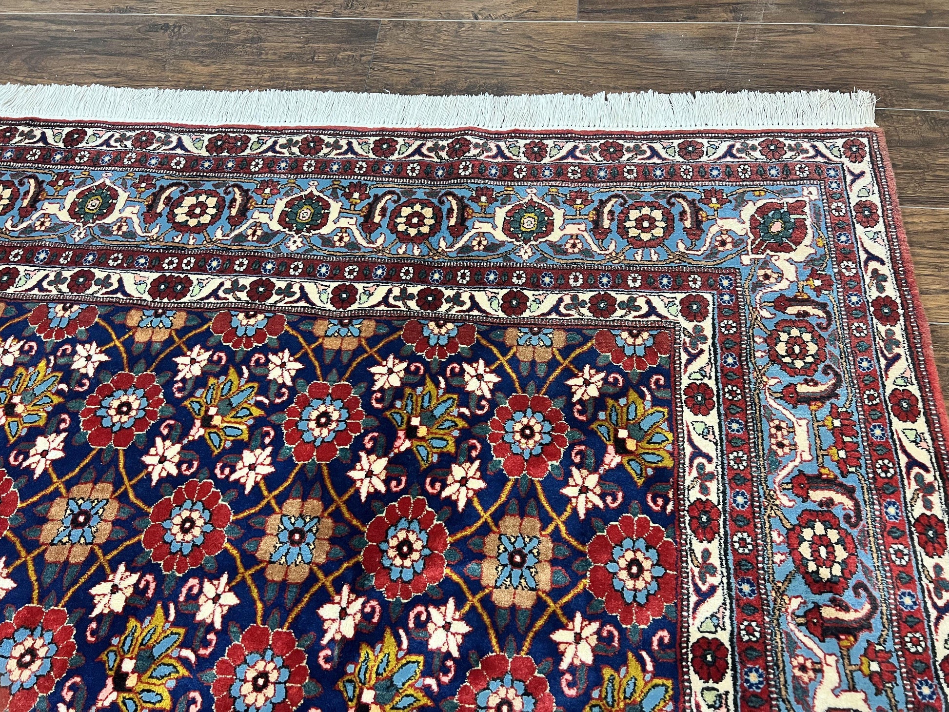 Persian Veramin Rug 7x11, Repeated Allover Pattern, Handmade Vintage Carpet, Navy Blue - Nuvé