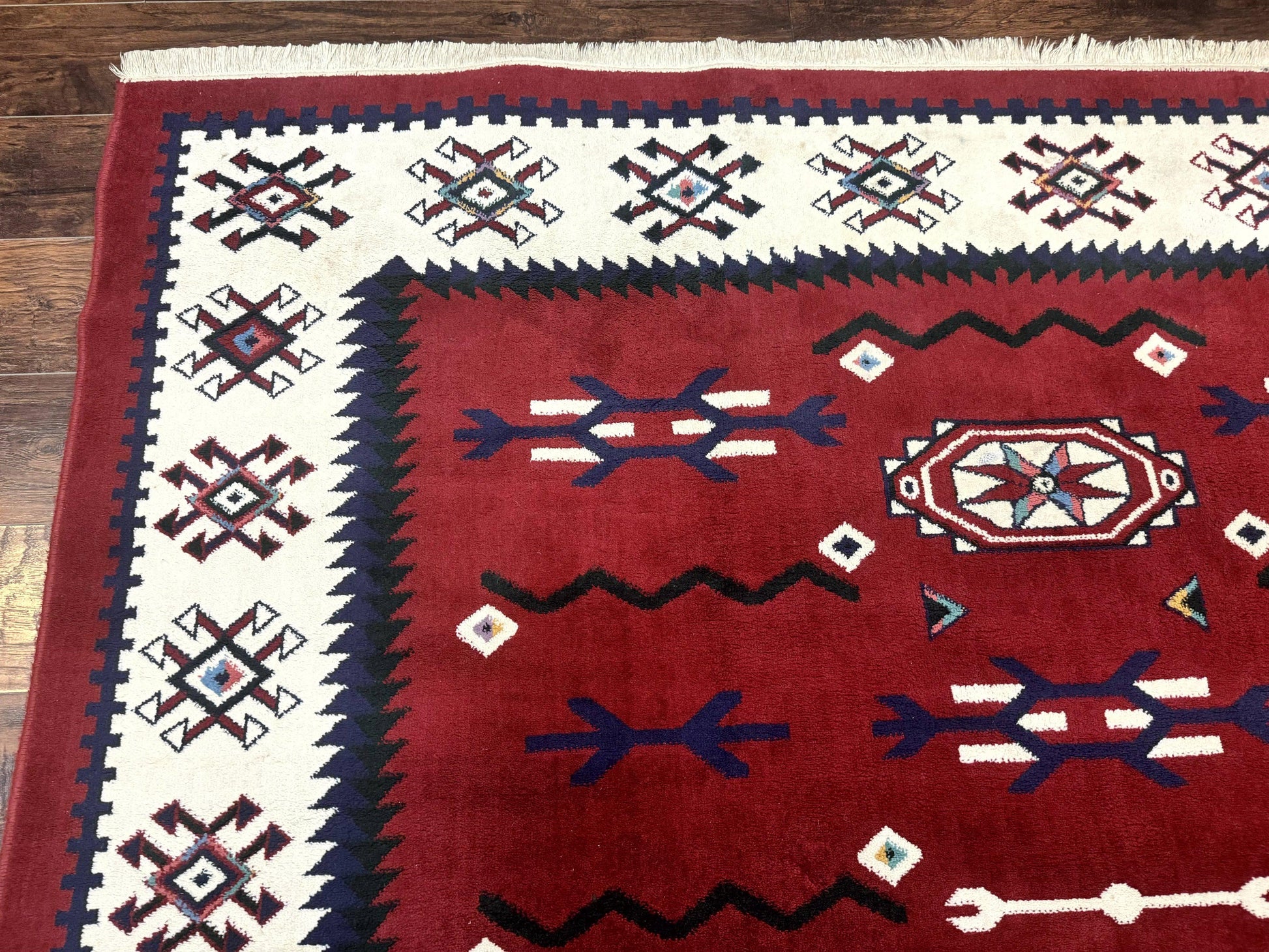 Belgium Power Loomed Rug 8x11, Navajo Native American Design, Dark Red and Ivory, Tribal Rug, Bohemian Carpet - Nuvé