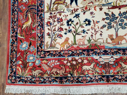 Antique Persian Isfahan Rug 5x7, Animal and Human Pictorials, Hand Knotted Fine Oriental Wool Carpet, Cream and Red, High KPSI, Vintage Rug 5 x 7 ft - Nuvé