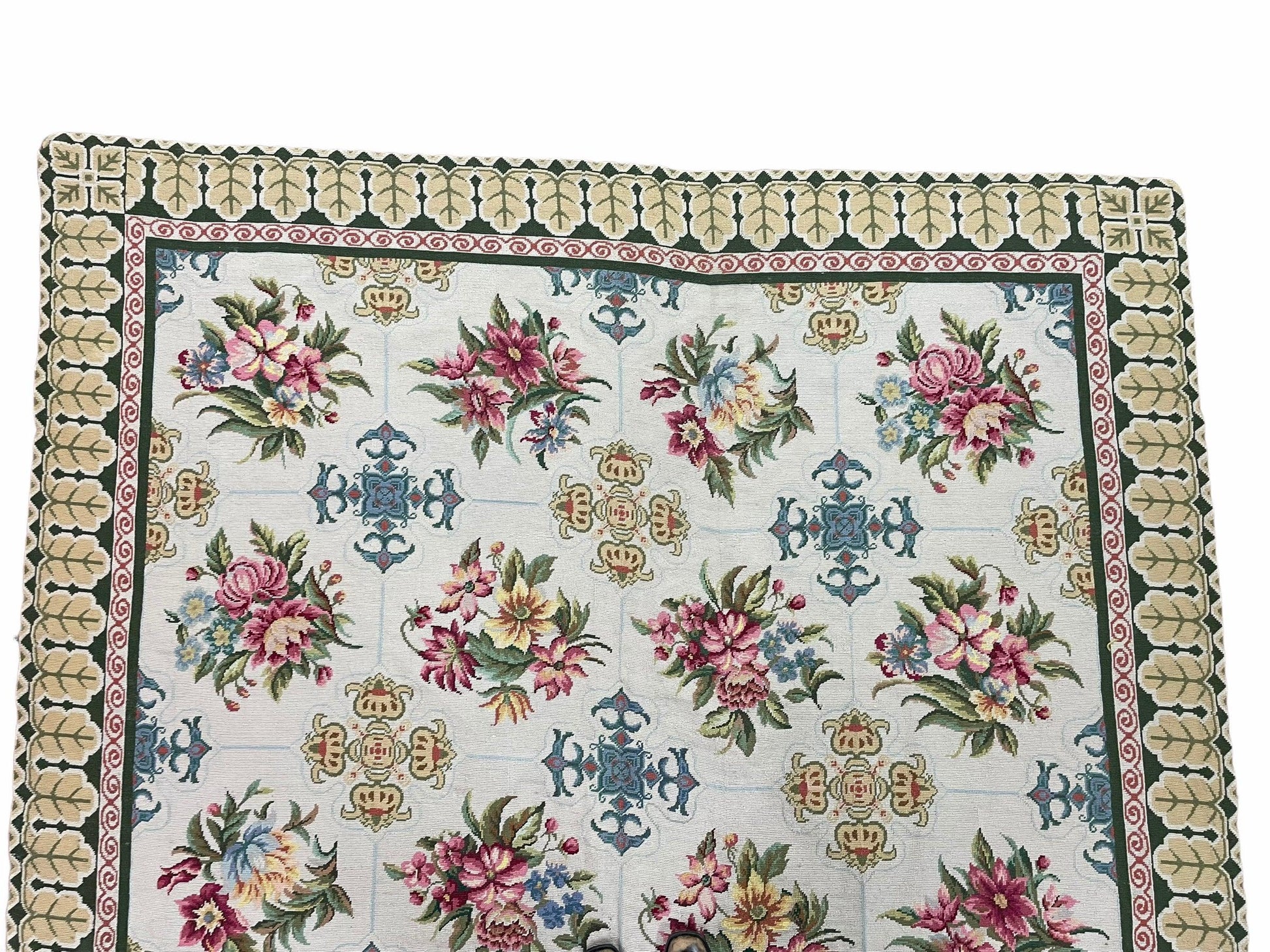 Hand-Knotted Needlepoint Carpet 6x9, Ivory/Cream Background, Colorful Flowers, Yellow Border, Aubusson Rug 6 x 9, New, Handmade - Nuvé