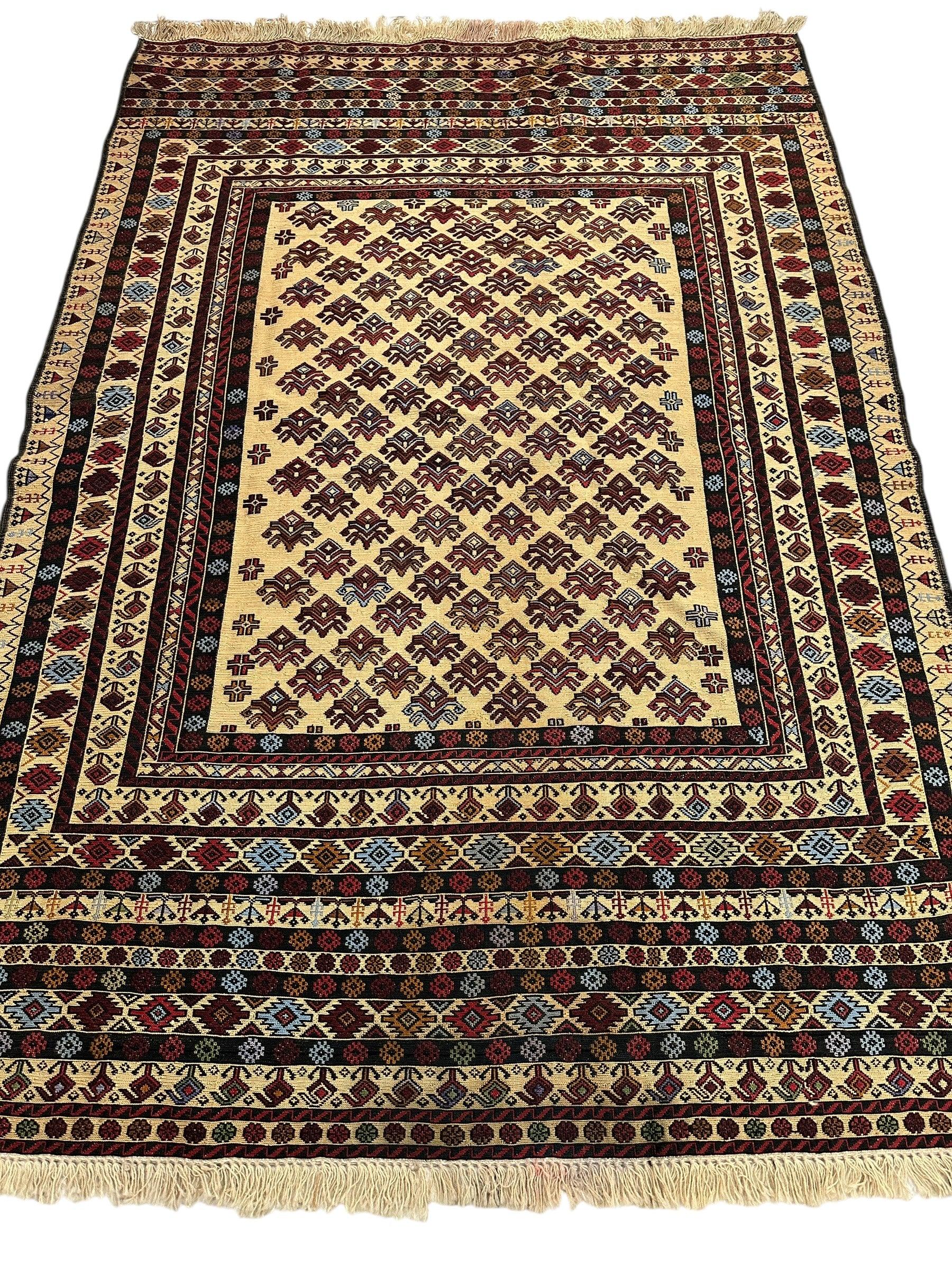 Hand-Woven Afghani Maliki Soumak Wool Kilim Rug - 4'2" x 6' - Nuvé