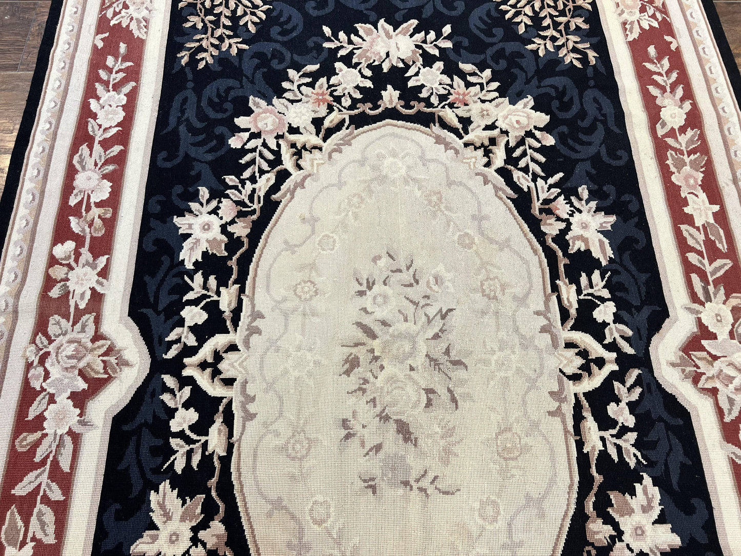 Needlepoint Rug 5x8, Wool Handmade Vintage European Design Carpet, Black & Maroon, French Aubusson Pattern Flatweave Rug - Nuvé