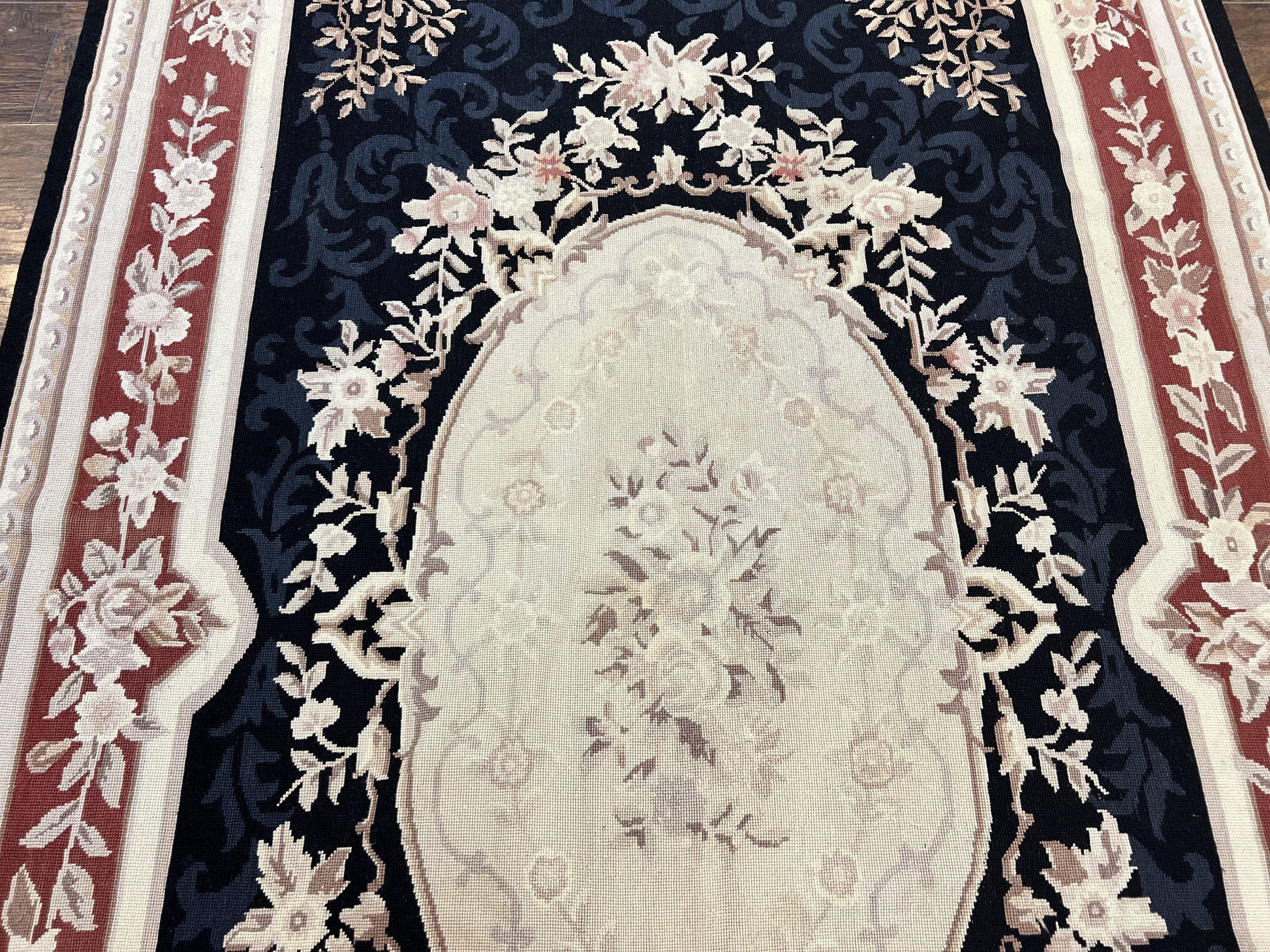Needlepoint Rug 5x8, Wool Handmade Vintage European Design Carpet, Black & Maroon, French Aubusson Pattern Flatweave Rug - Nuvé