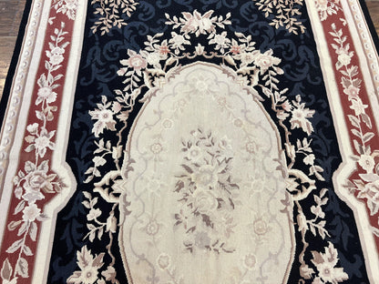 Needlepoint Rug 5x8, Wool Handmade Vintage European Design Carpet, Black & Maroon, French Aubusson Pattern Flatweave Rug - Nuvé