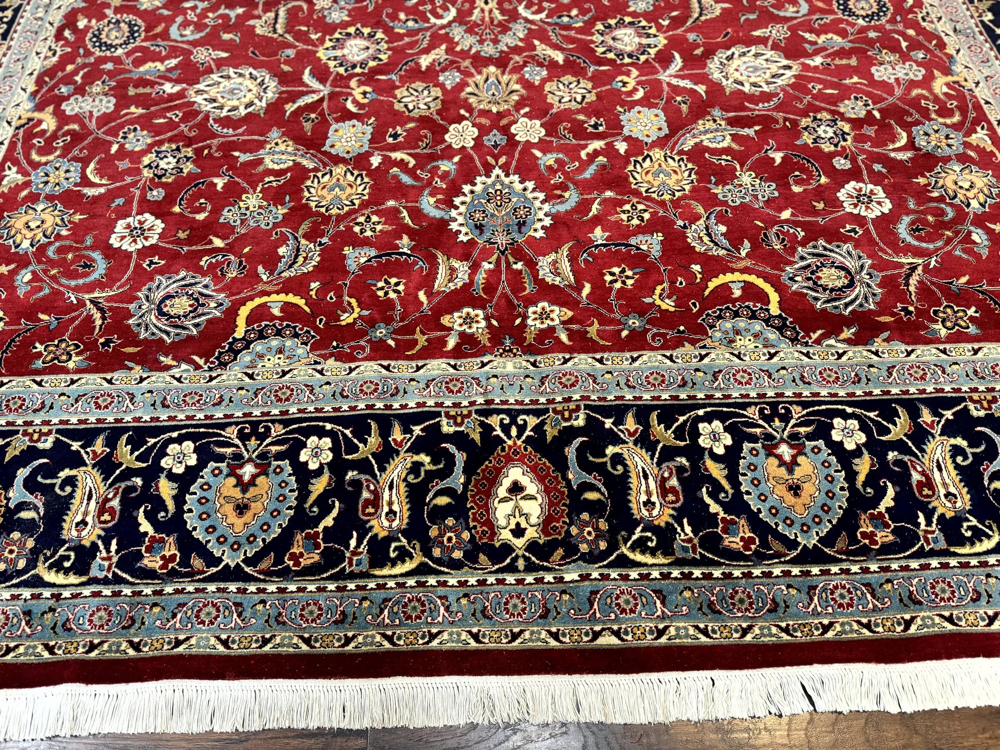 Pak Persian Rug 9x12, Red and Navy Blue, Floral Allover, Hand Knotted Vintage Wool Carpet, Fine 260 KPSI - Nuvé