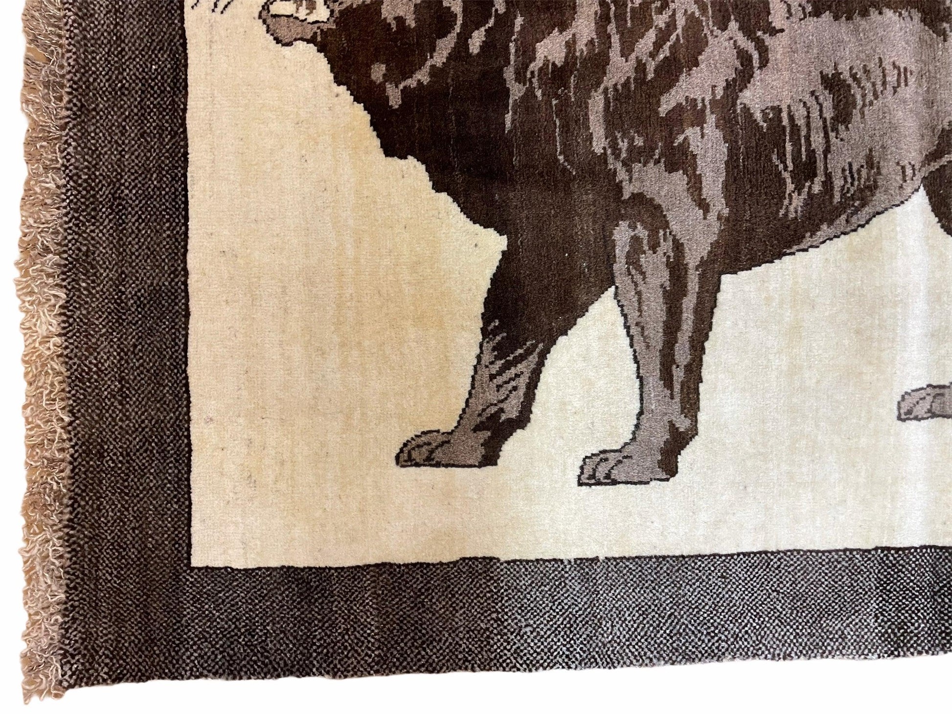 3 x 5 Handmade Rug Brown Beige Hand-Knotted Lion Rug New Vintage Quality Animal - Nuvé