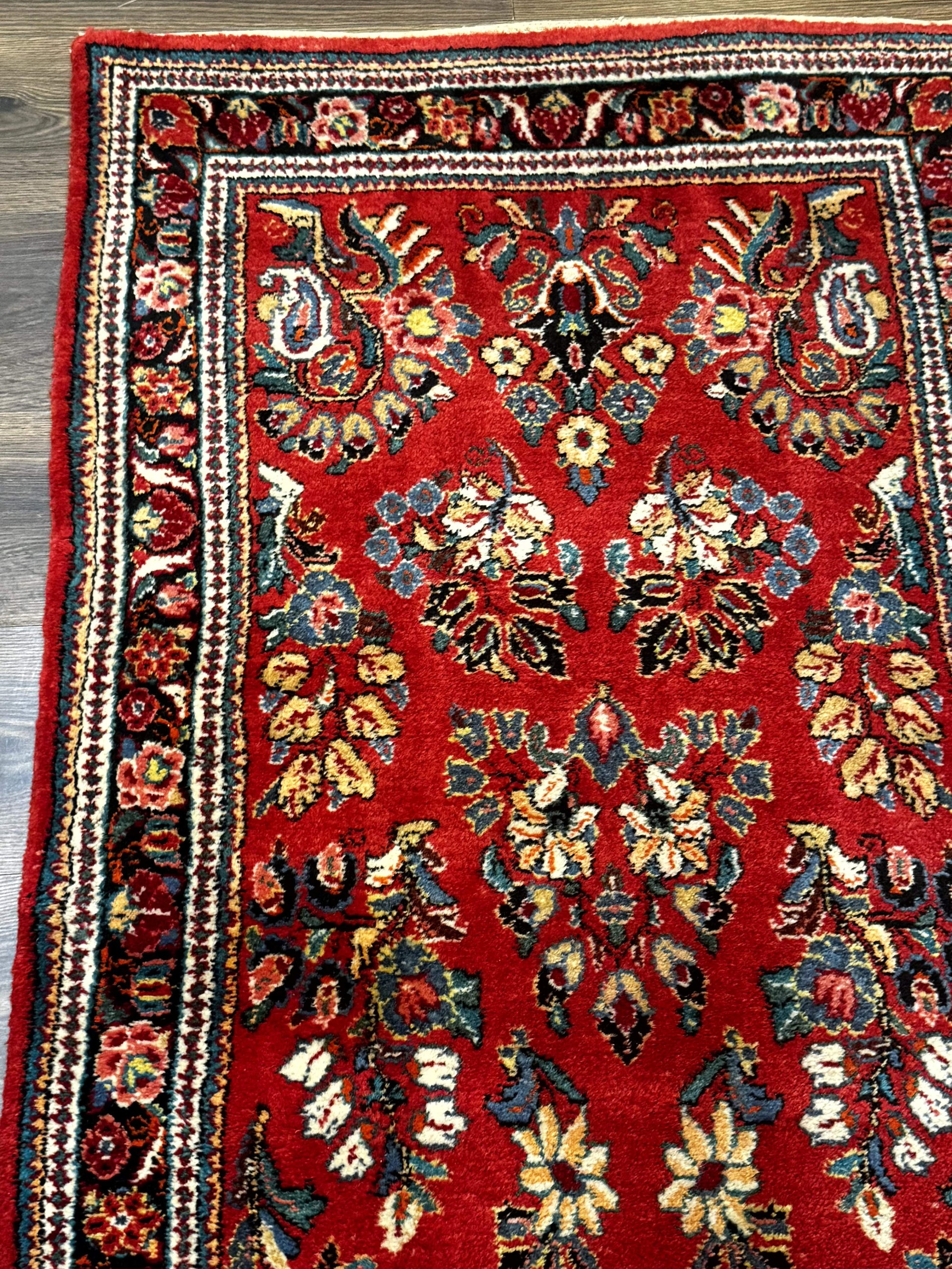 Persian Sarouk Runner Rug 3x12, Red Floral 3 x 12ft Runner, Vintage, Wool - Nuvé
