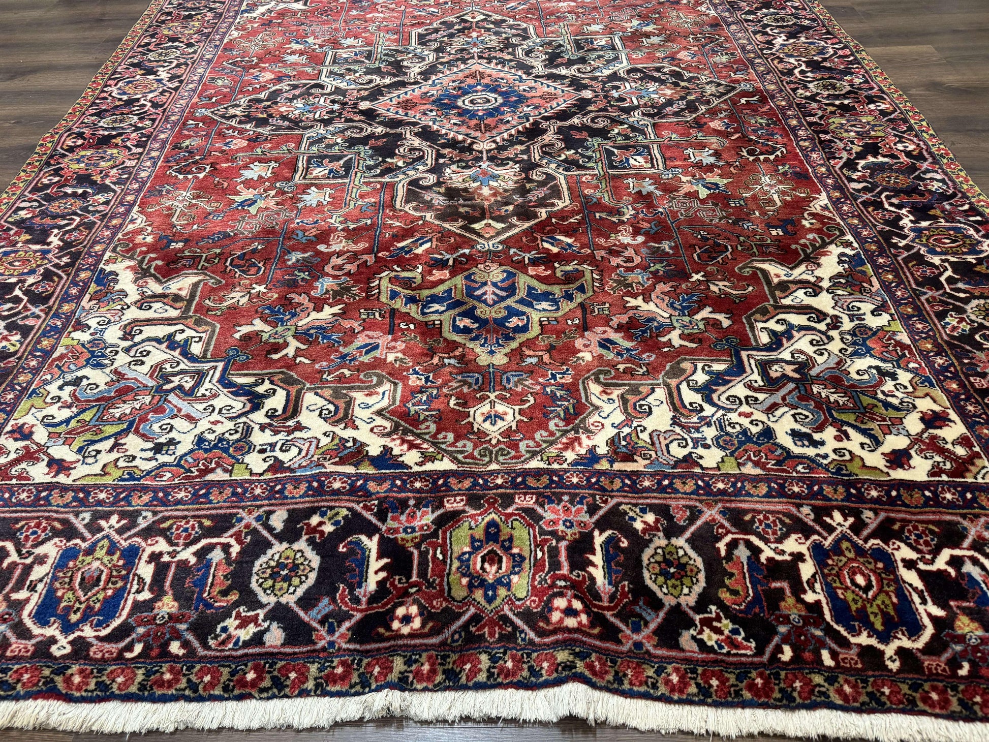 Antique Persian Heriz Rug 8x11, Geometric Tribal Wool Carpet, Brick Red - Nuvé