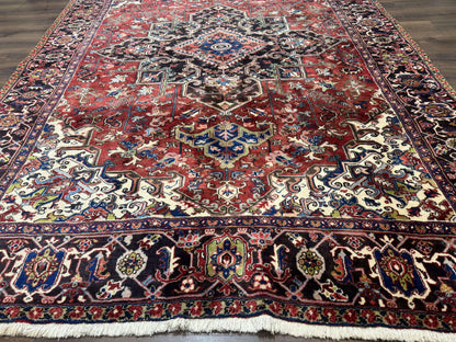 Antique Persian Heriz Rug 8x11, Geometric Tribal Wool Carpet, Brick Red - Nuvé