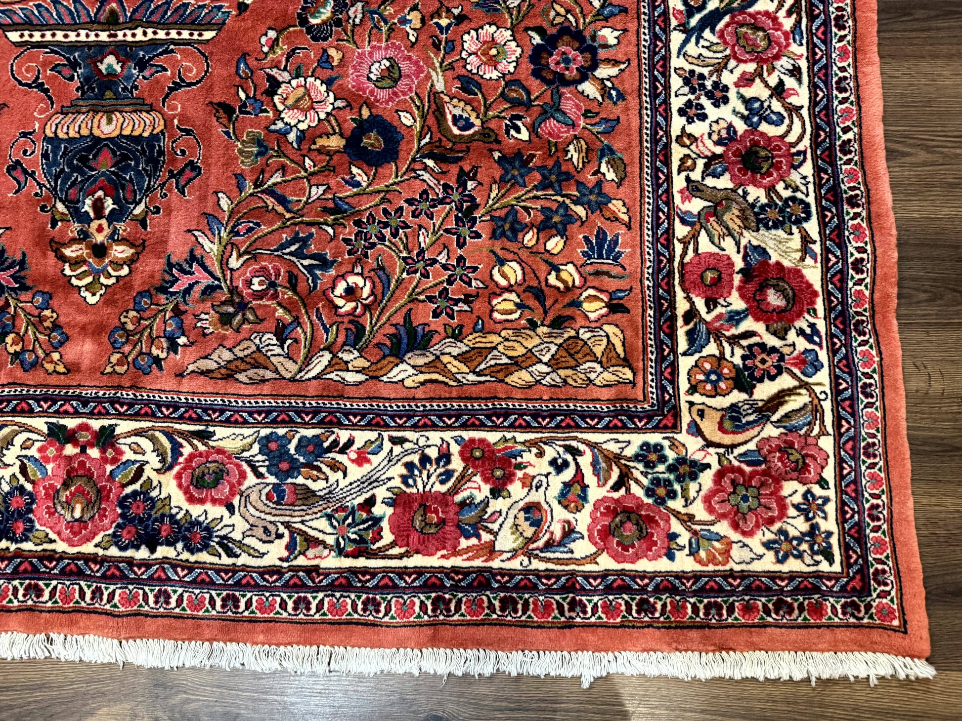 Persian Sarouk Rug 7x10, Red and Ivory, Floral Bouquets, Birds - Nuvé