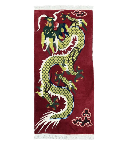 Vintage Chinese Dragon Rug 3 x 6.8, Handmade Hand Knotted Red Chinese Carpet with Gold Dragon, Art Deco Peking Soft Chinese Rug Runner