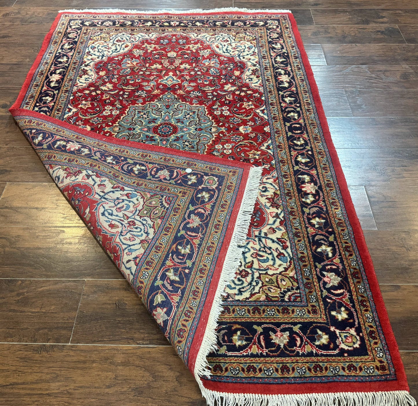 Persian Sarouk Rug 4x7, Red Navy Blue Vintage Wool Medallion Carpet - Nuvé