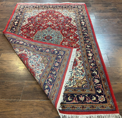 Persian Sarouk Rug 4x7, Red Navy Blue Vintage Wool Medallion Carpet - Nuvé