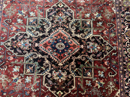 Antique Persian Heriz Rug 8x11, Geometric Tribal Wool Carpet, Brick Red - Nuvé