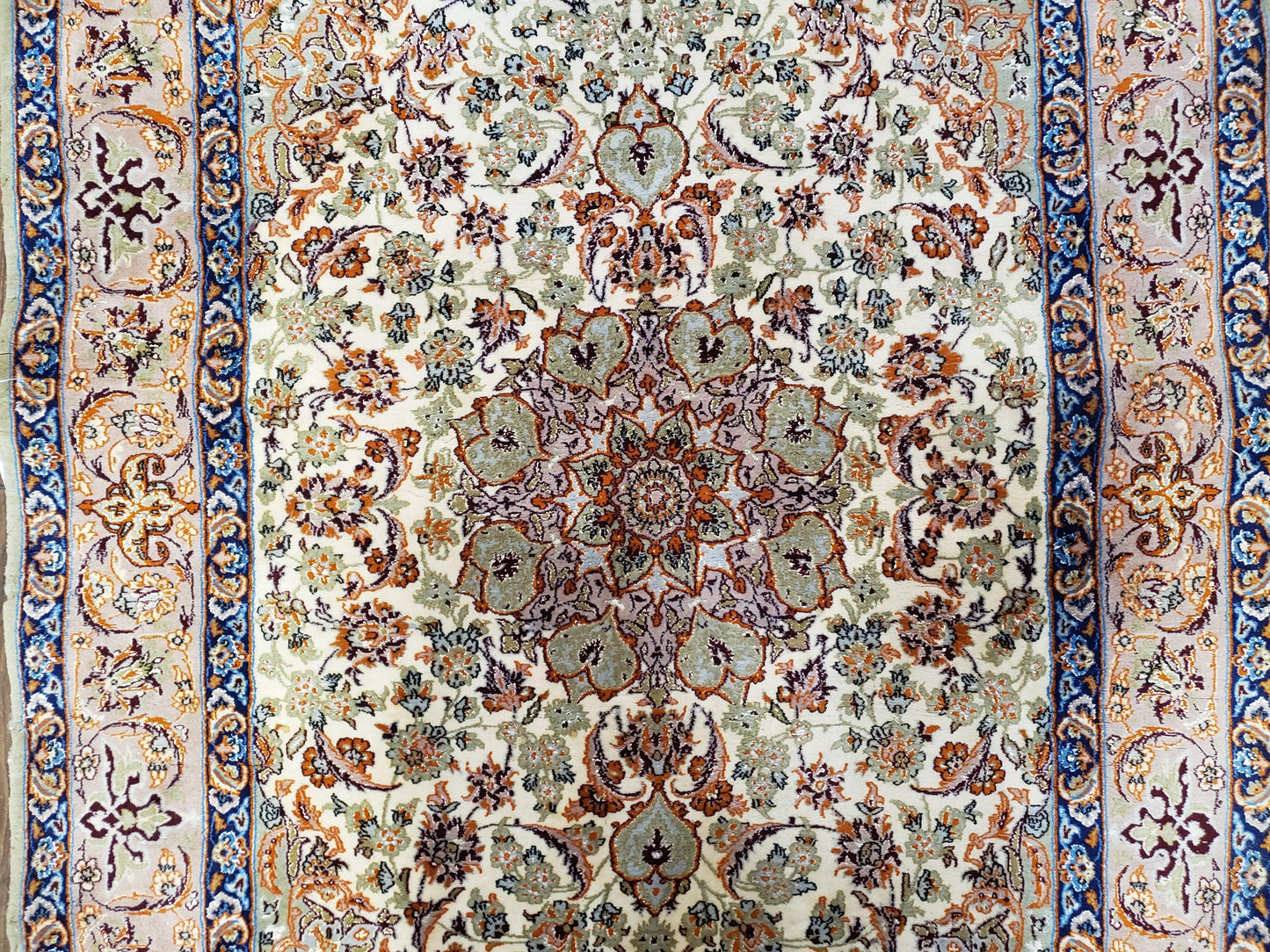 Vintage Persian Isfahan Lachak Toranj Rug, Highly Detailed, Kork Wool on Silk Foundation, Beige and Dark Blue, Hand-Knotted, 3'6" x 5' 4" - Nuvé