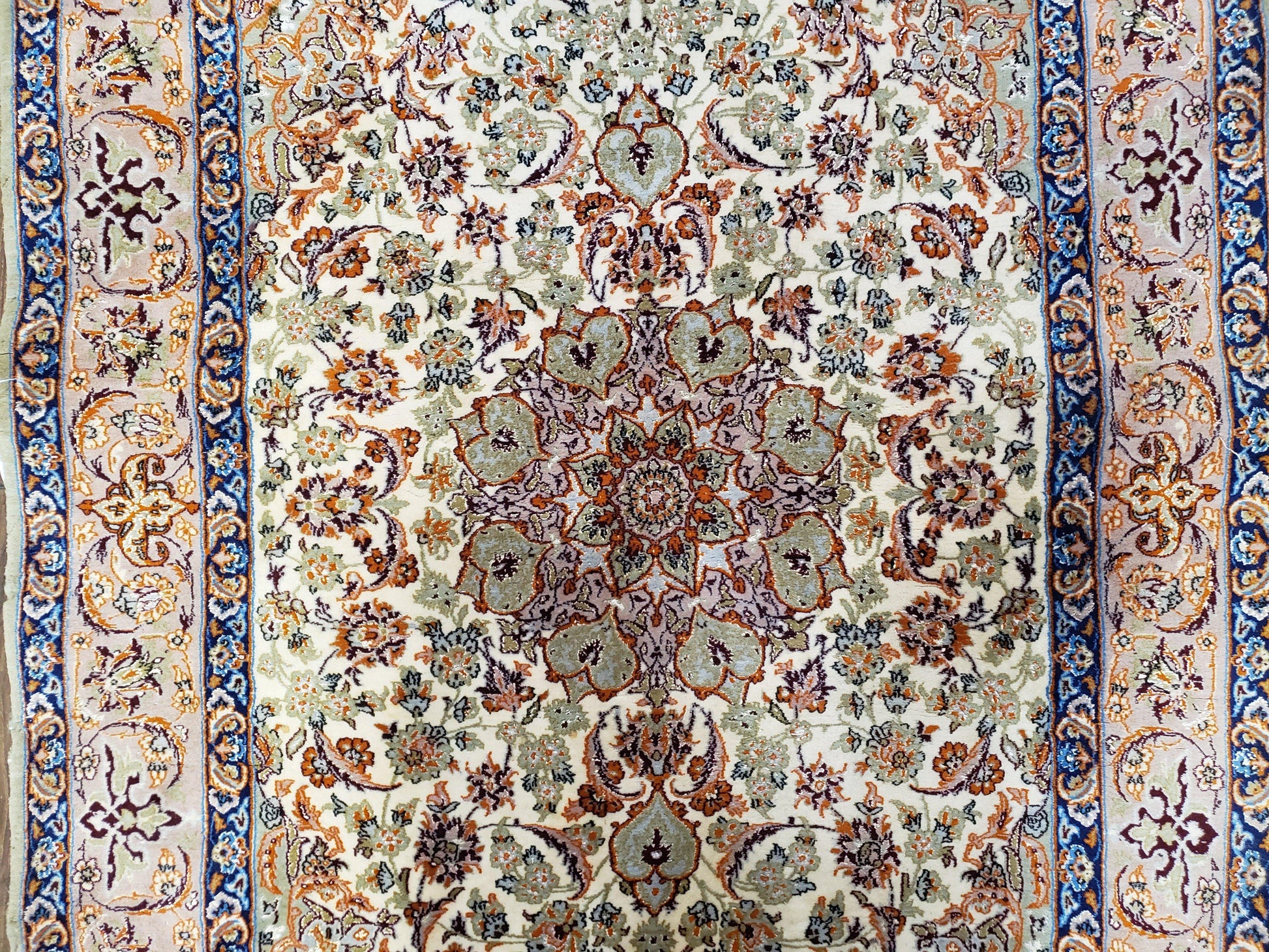 Vintage Persian Isfahan Lachak Toranj Rug, Highly Detailed, Kork Wool on Silk Foundation, Beige and Dark Blue, Hand-Knotted, 3'6" x 5' 4" - Nuvé