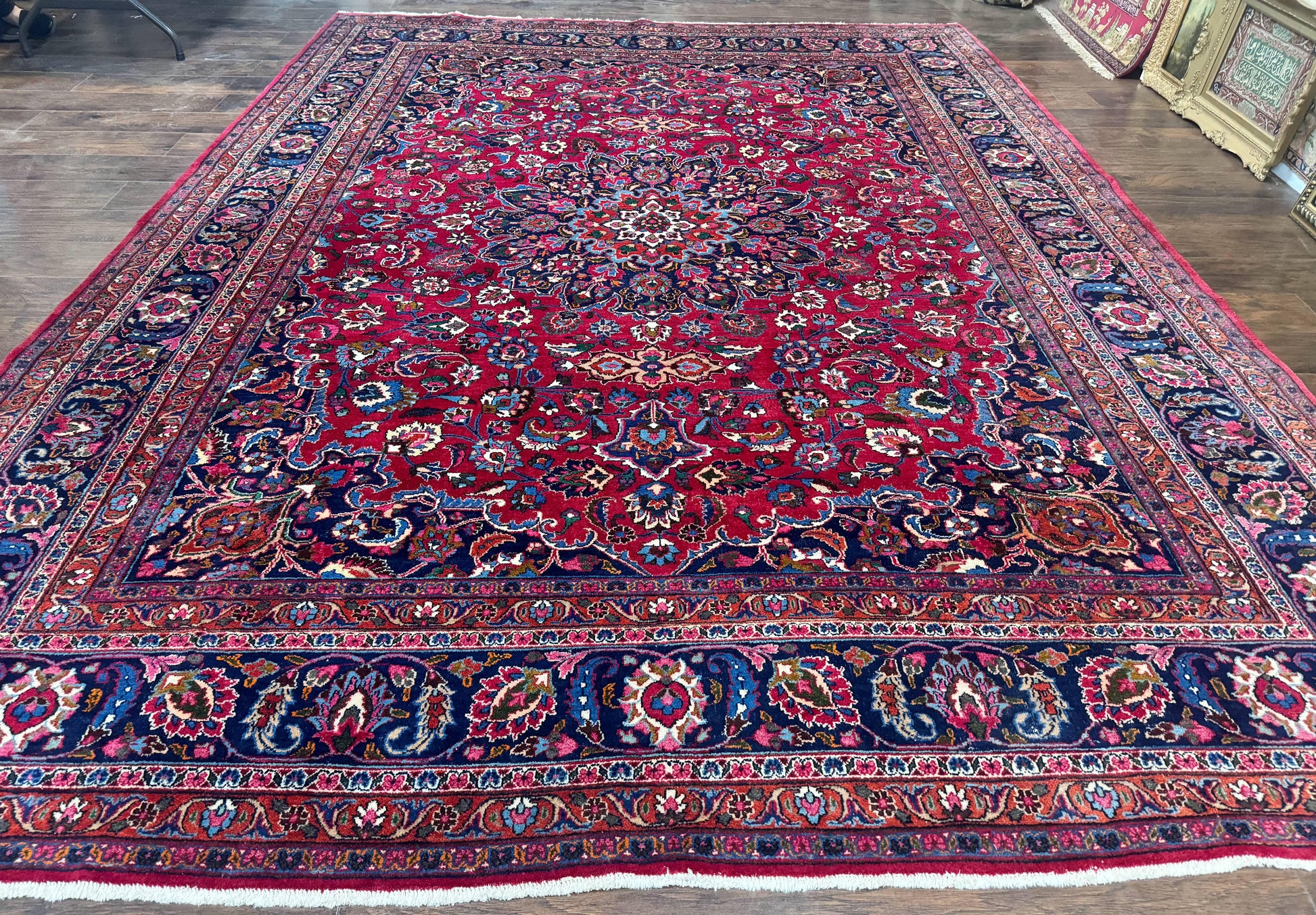 Antique Persian Mashad Rug 10x13, Red and Navy Blue, Great Colors, Signed By Masterweaver, Floral Medallion, Handmade Wool Persian Carpet - Nuvé