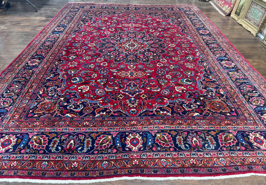 Antique Persian Mashad Rug 10x13, Red and Navy Blue, Great Colors, Signed By Masterweaver, Floral Medallion, Handmade Wool Persian Carpet - Nuvé