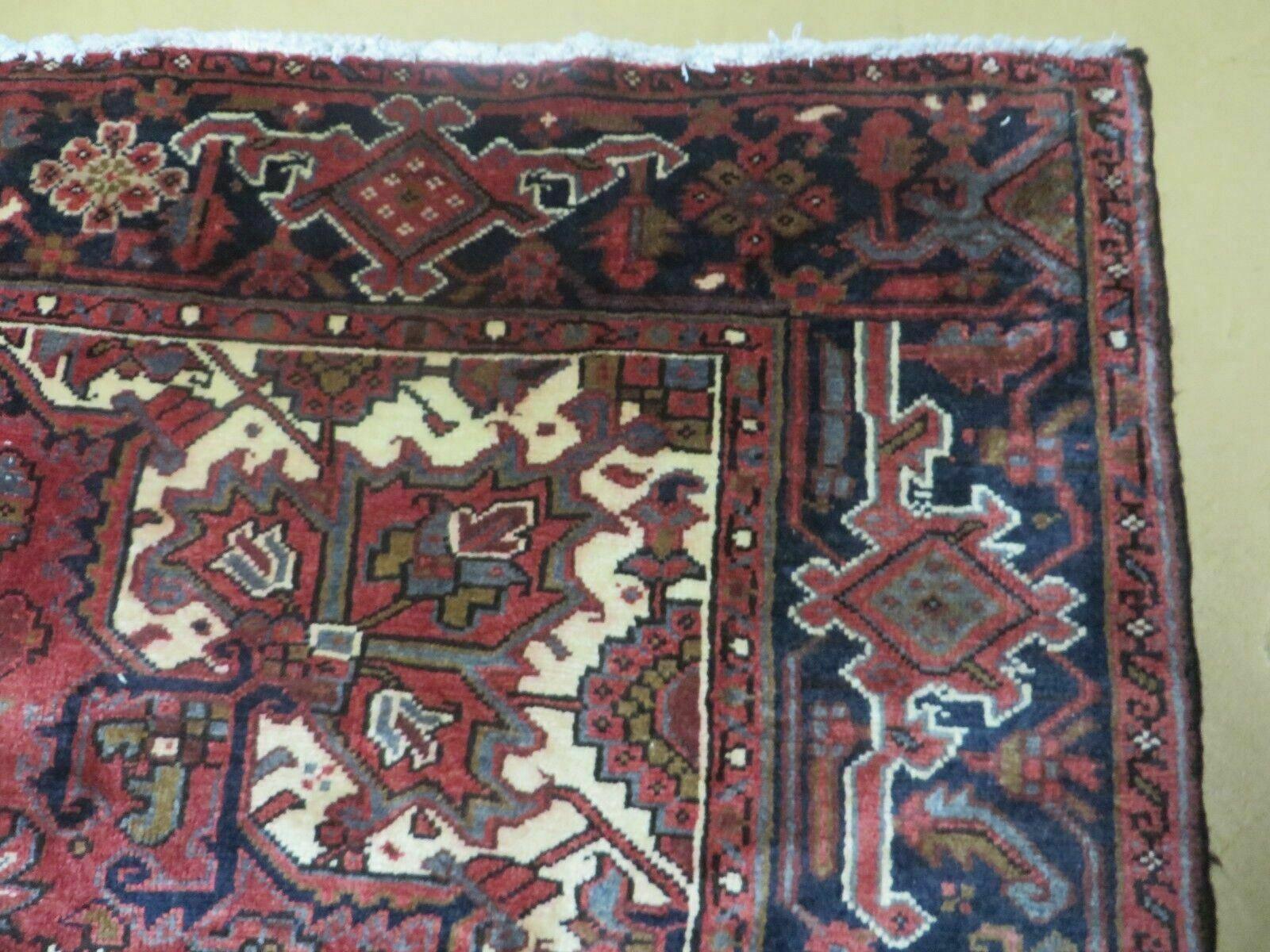 Persian Rug 8x11 Room Sized Heriz Carpet, Hand Knotted Wool Rug, Vintage Semi Antique, Geometric Medallion, Wine Red Cream Dark Blue, Wow - Nuvé