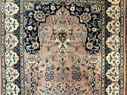 Small Tree of Life Prayer Rug, Pak Persian Rug 2.7 x 4, , Birds, Lantern, Handmade Vintage Fine 260 KPSI - Nuvé