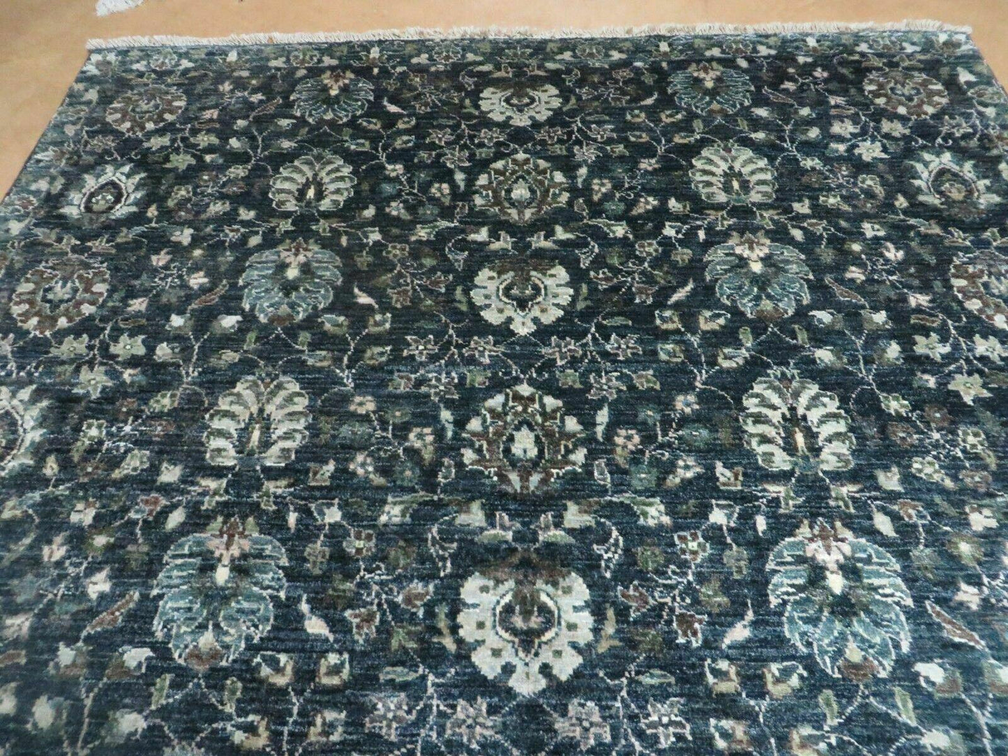 5' 6" X 8' Vintage Handmade Pakistani Floral Oriental Wool Rug Black Dark Grey - Nuvé