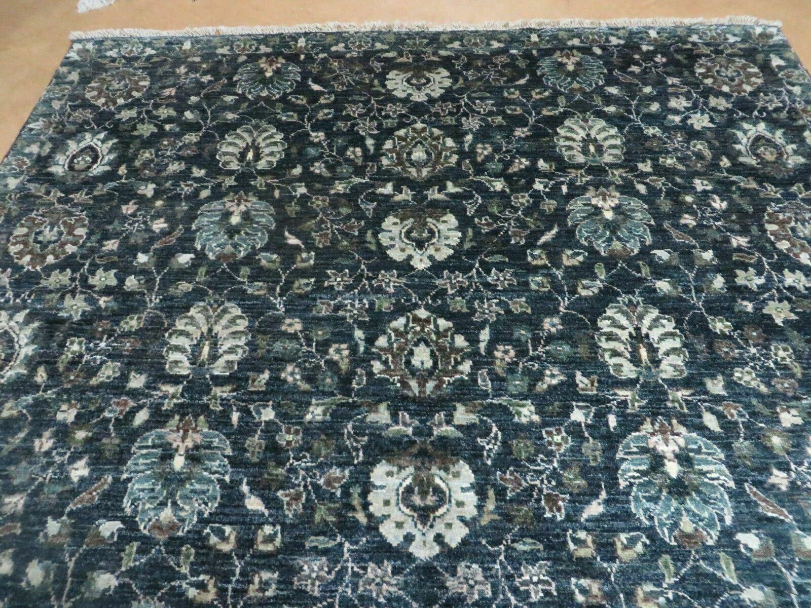 5' 6" X 8' Vintage Handmade Pakistani Floral Oriental Wool Rug Black Dark Grey - Nuvé