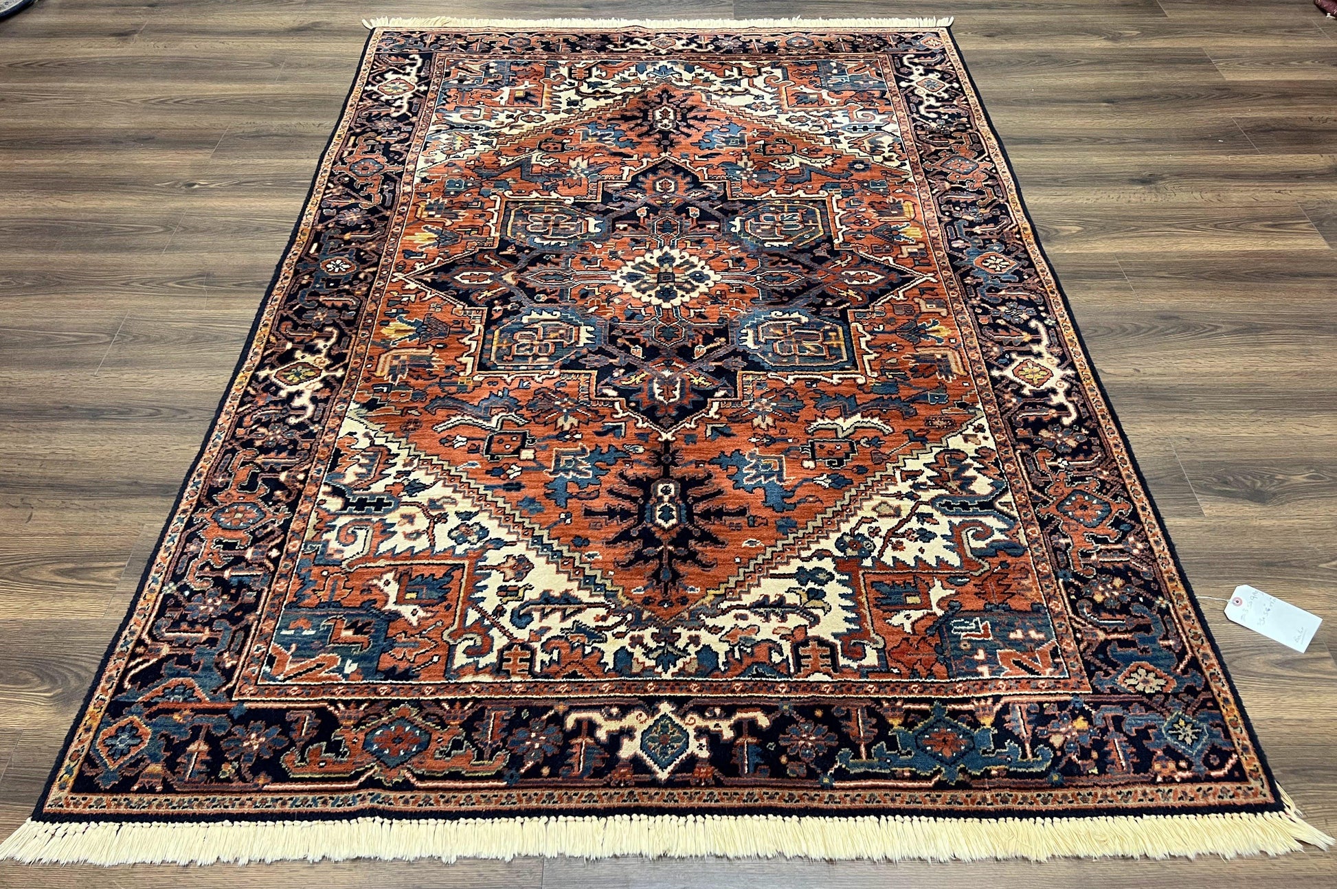 Heriz Rug 5.6 x 8, Geometric Medallion, Wool Oriental Carpet, Tribal Boho Rug, Red Navy Blue Cream, Belgium Power Loomed Rug, Medium Sized - Nuvé