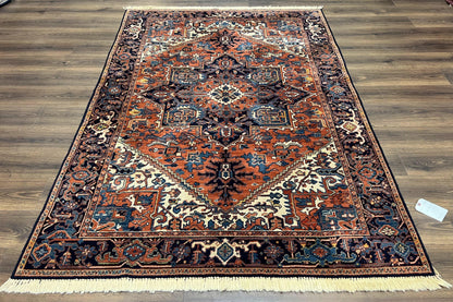 Heriz Rug 5.6 x 8, Geometric Medallion, Wool Oriental Carpet, Tribal Boho Rug, Red Navy Blue Cream, Belgium Power Loomed Rug, Medium Sized - Nuvé
