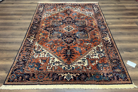 Heriz Rug 5.6 x 8, Geometric Medallion, Wool Oriental Carpet, Tribal Boho Rug, Red Navy Blue Cream, Belgium Power Loomed Rug, Medium Sized - Nuvé