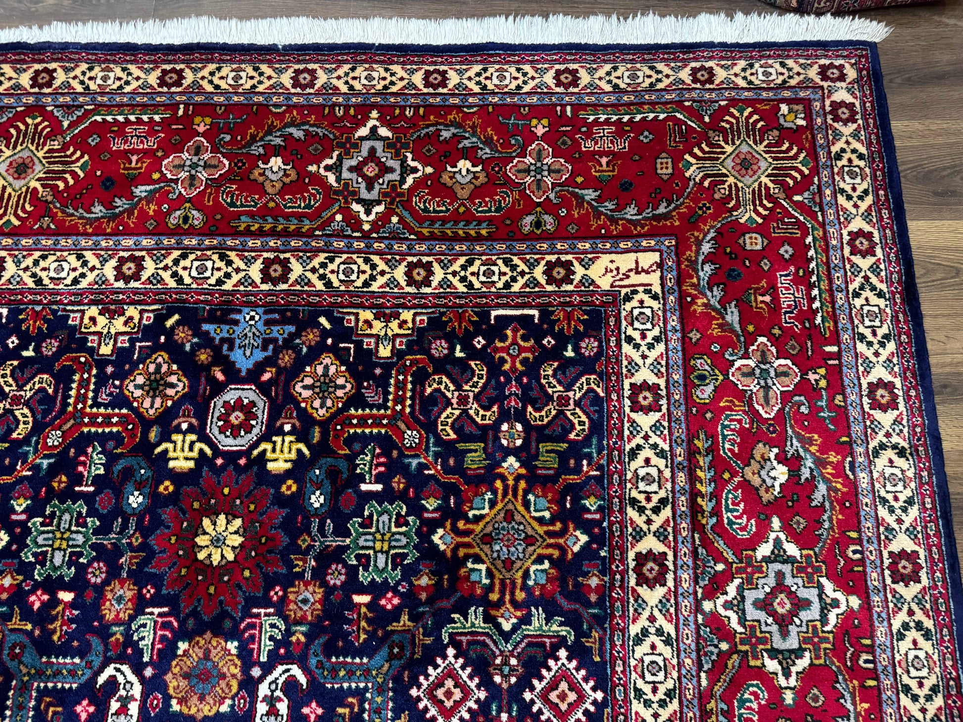 Large Persian Tabriz Rug 10x16, Navy Blue and Red, Allover Pattern, Vintage Hand Knotted Wool Carpet - Nuvé