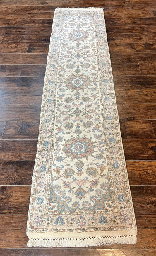 Indo Persian Runner Rug 2.5 x 9.5, Handmade Vintage Wool Rug for Hallway, Floral, Ivory - Nuvé