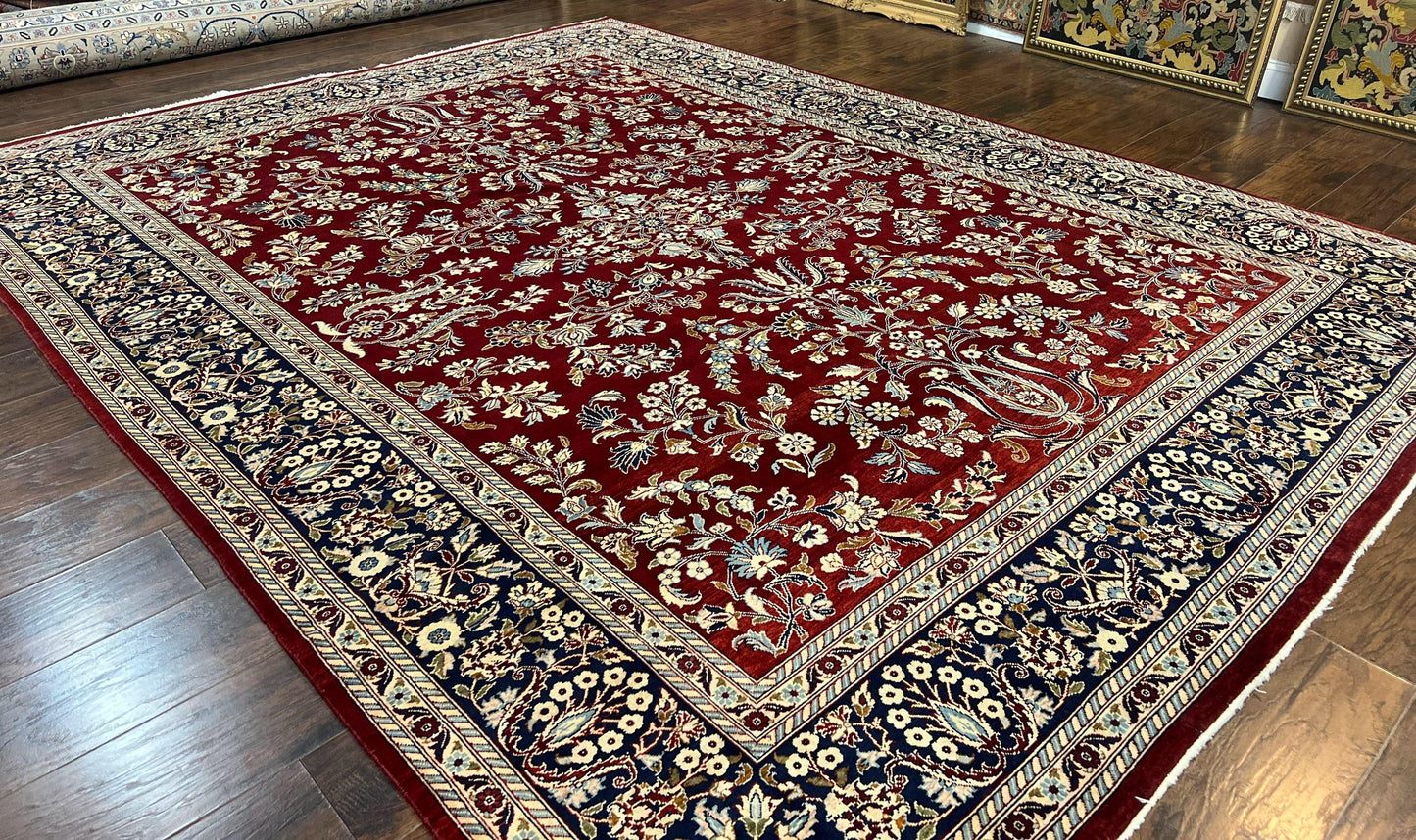 Indo Persian Sarouk Rug 9x12, Floral Allover, Dark Red & Navy Blue, Handmade Vintage Wool Carpet - Nuvé
