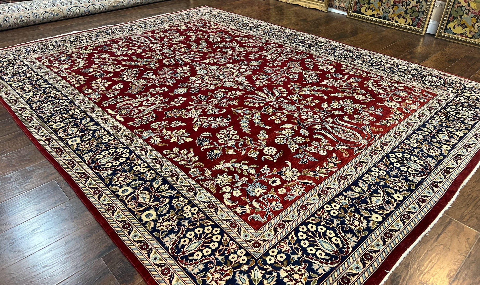 Indo Persian Sarouk Rug 9x12, Floral Allover, Dark Red & Navy Blue, Handmade Vintage Wool Carpet - Nuvé