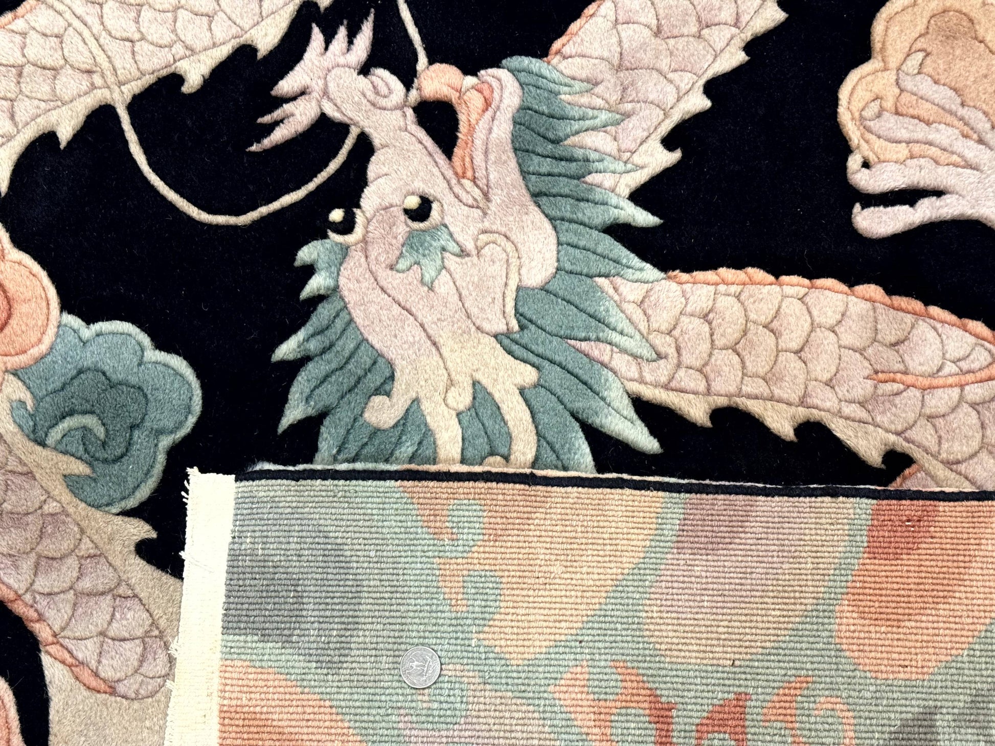 Black Chinese Wool Rug 8x10 with Dragons, Rainbow Borders, Rare - Nuvé