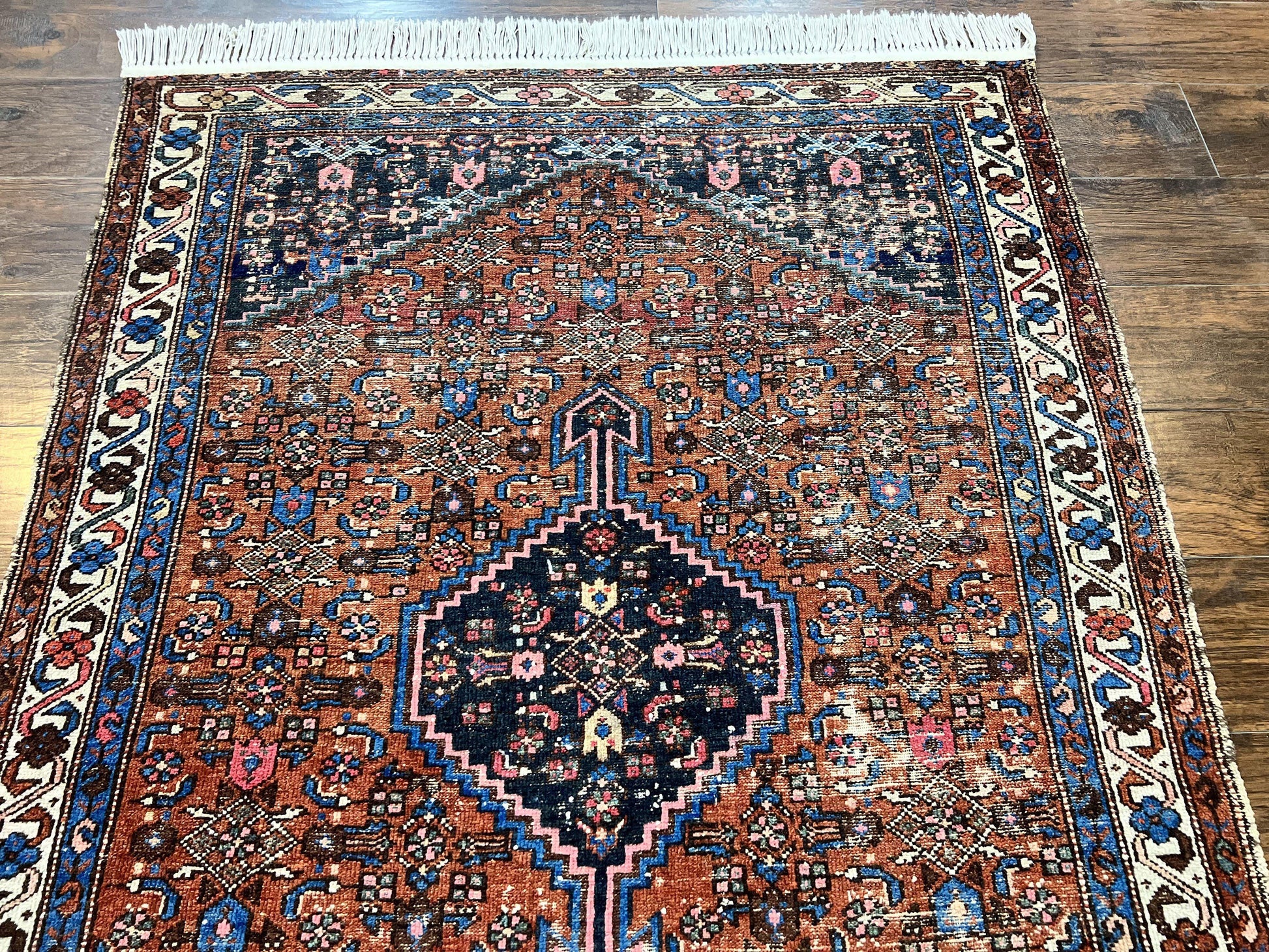 Red Persian Hamadan Rug 4x6, Wool Handmade Antique Carpet, Geometric Medallion Rug, Oriental Rug 4 x 6, Persian Tribal Rug, Hand Knotted Rug - Nuvé