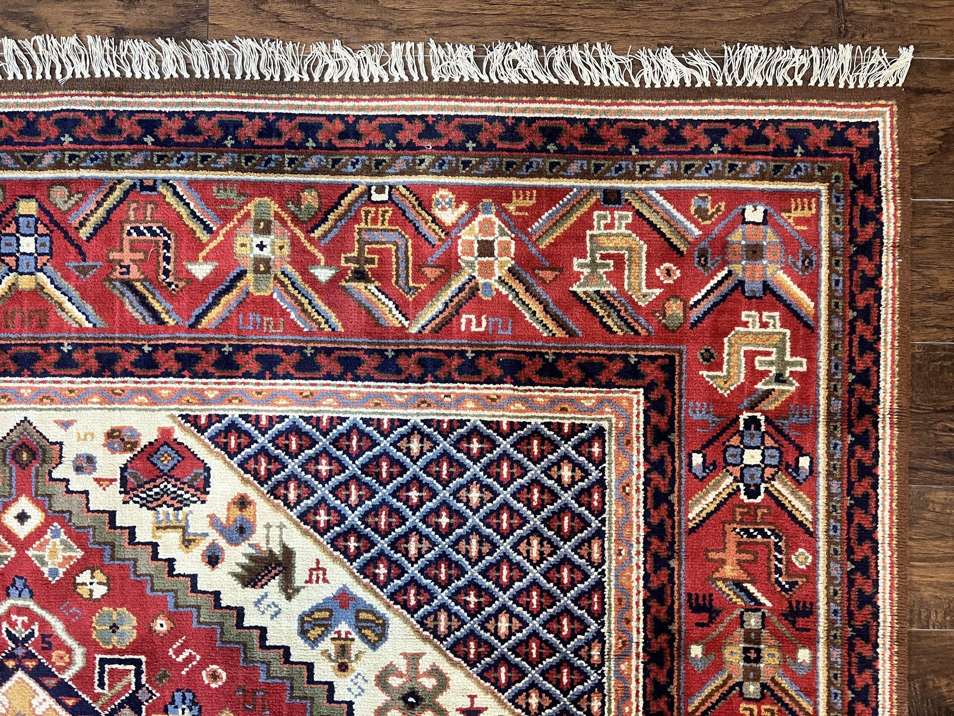 Belgium Power Loomed Rug 8x12, Geometric Medallions Persian Tribal Pattern, Vintage Wool Carpet, Ivory Red Blue - Nuvé