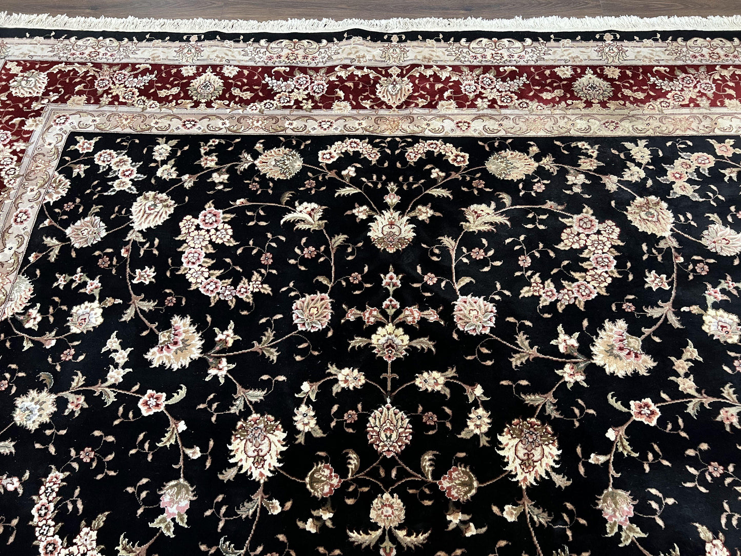 Sino Persian Rug 9x12, High Quality Oriental Carpet, Black and Maroon, Wool and Silk, Allover Floral Pattern, Hand Knotted, Vintage Rug Nice - Nuvé