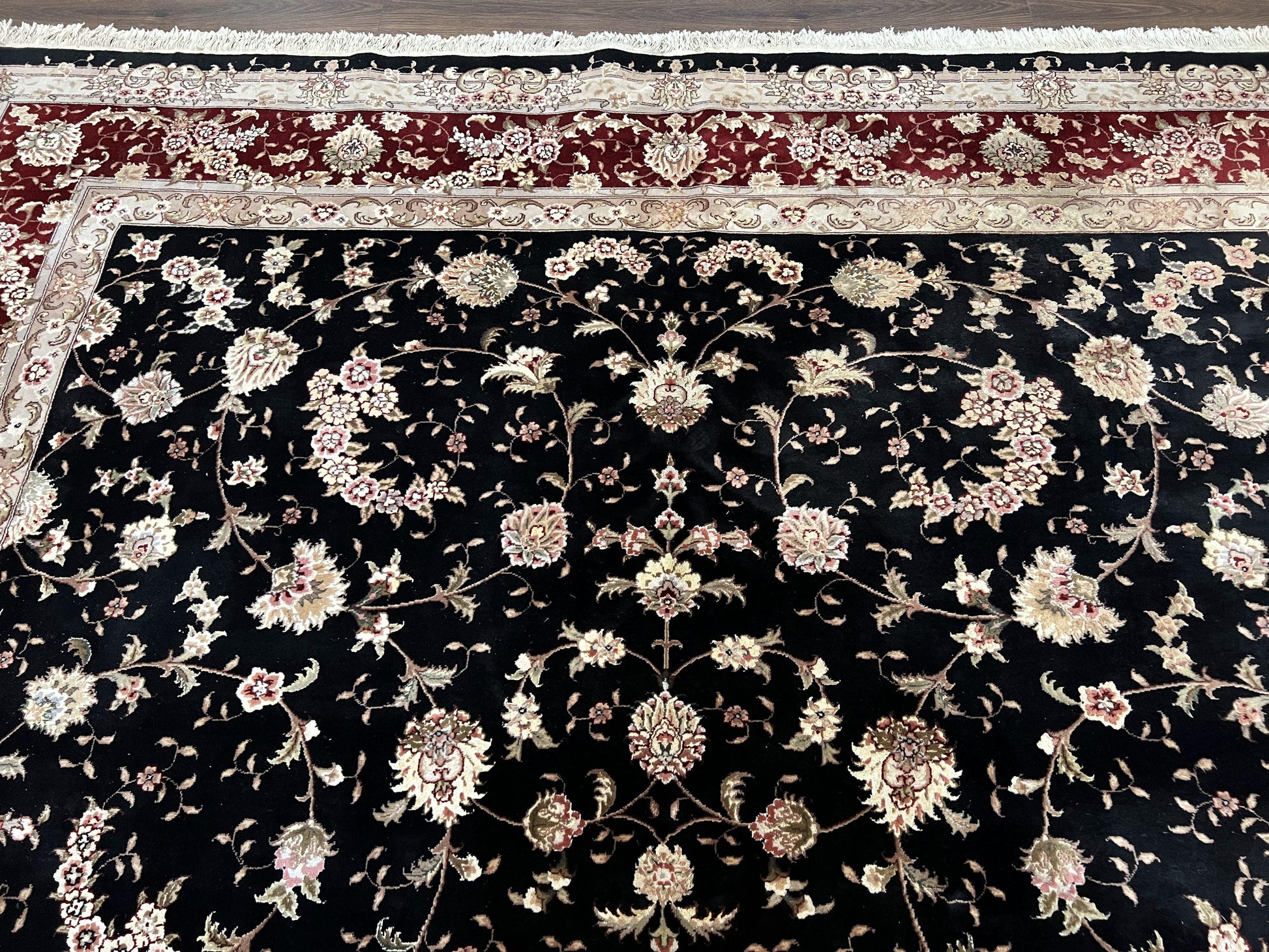Sino Persian Rug 9x12, High Quality Oriental Carpet, Black and Maroon, Wool and Silk, Allover Floral Pattern, Hand Knotted, Vintage Rug Nice - Nuvé