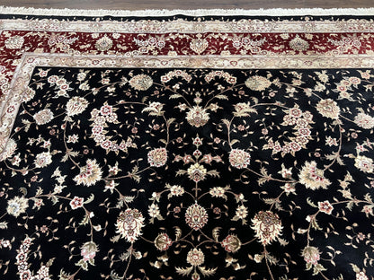 Sino Persian Rug 9x12, High Quality Oriental Carpet, Black and Maroon, Wool and Silk, Allover Floral Pattern, Hand Knotted, Vintage Rug Nice - Nuvé