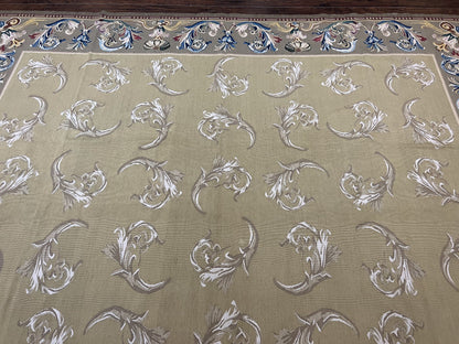 Vintage Aubusson Flatweave Area Rug 9x12, Aubusson Weave, Wool, Beige, Handmade, French European Design, 8'9" x 11'9" - Nuvé