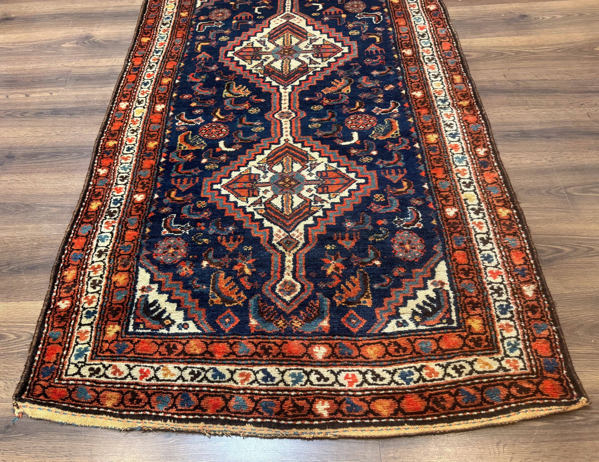 Antique Persian Hamadan Rug 4x6, Geometric, Double Medallions, Navy Blue, Tribal Carpet - Nuvé