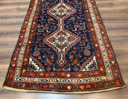 Antique Persian Hamadan Rug 4x6, Geometric, Double Medallions, Navy Blue, Tribal Carpet - Nuvé
