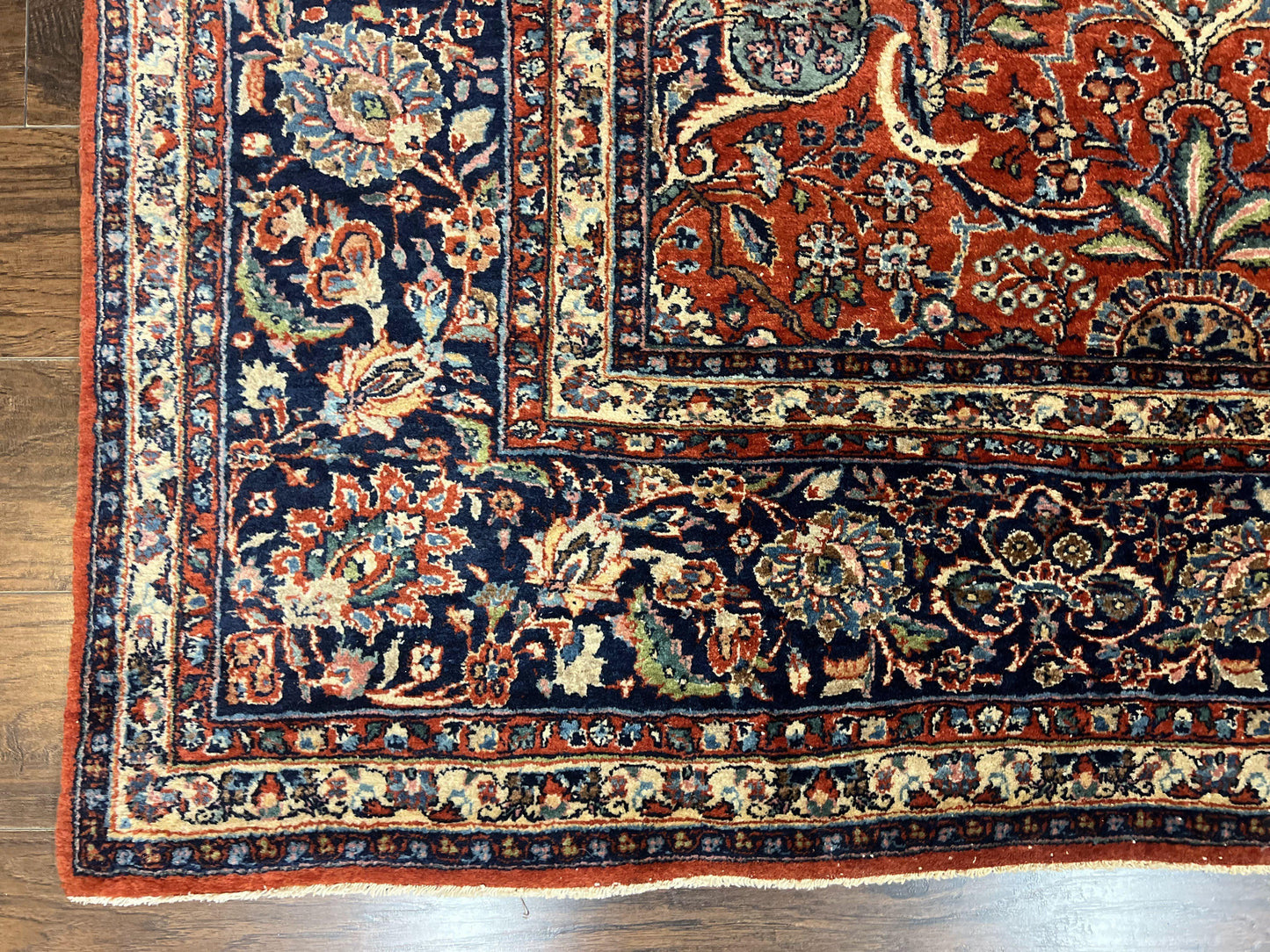 Persian Sarouk Rug 9x12, Red and Dark Blue Floral Allover Antique Persian Carpet, Handmade Wool Qazvin Rug - Nuvé