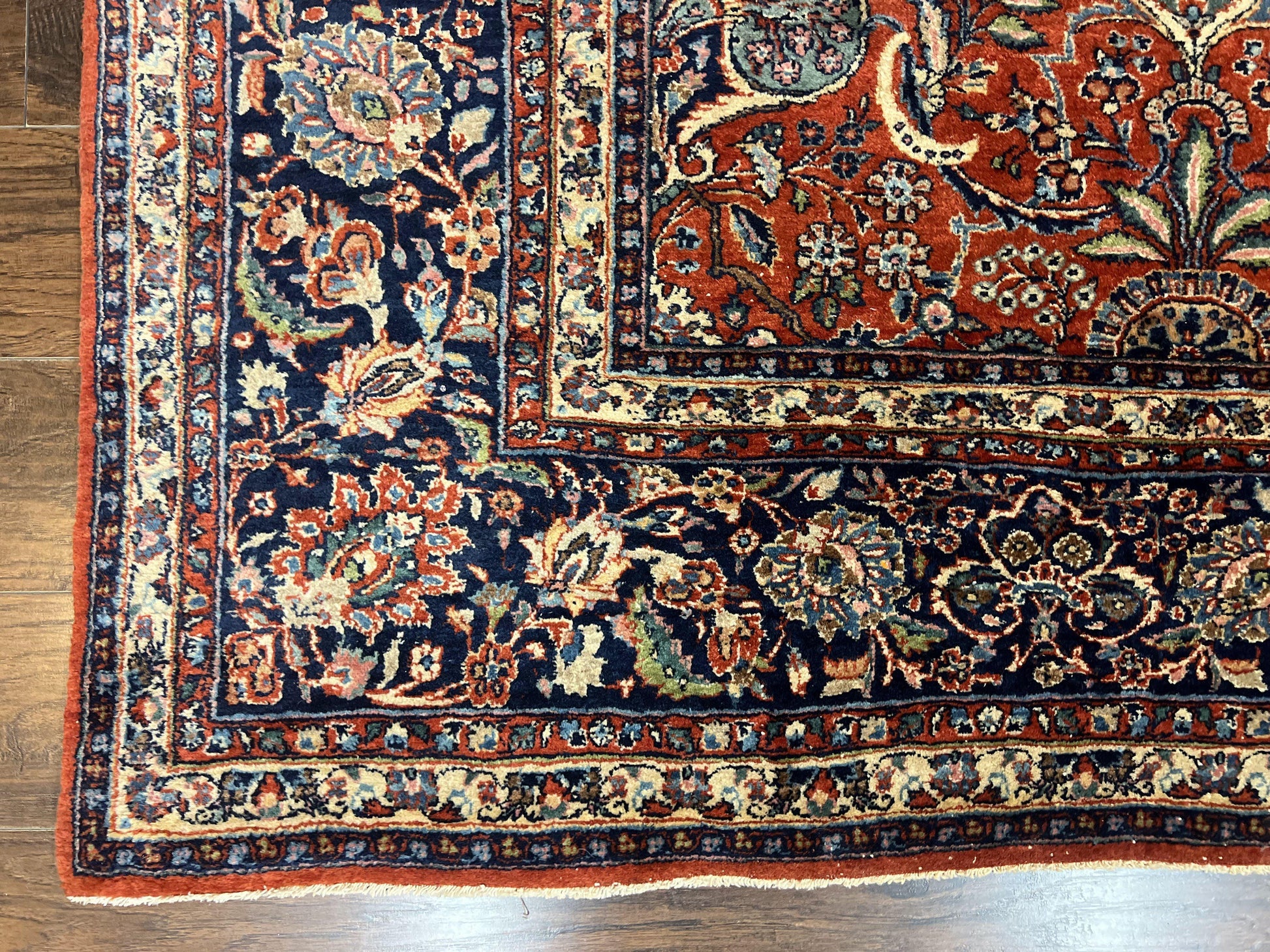 Persian Sarouk Rug 9x12, Red and Dark Blue Floral Allover Antique Persian Carpet, Handmade Wool Qazvin Rug - Nuvé