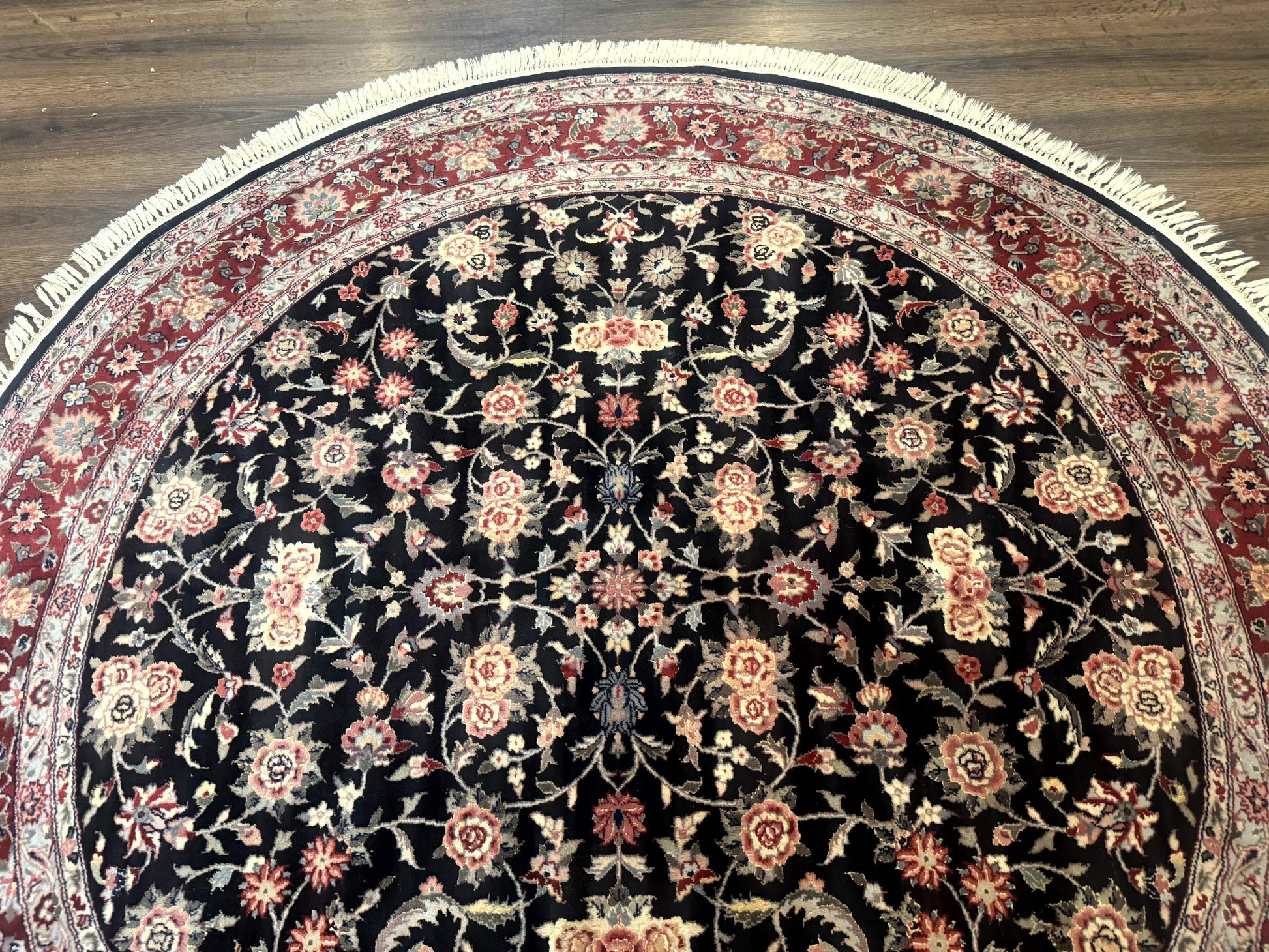 Round Sino Persian Rug 6x6, Floral, Navy Blue and Red, Wool and Silk Highlights - Nuvé